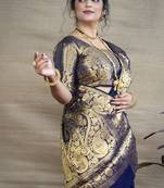 Blue silk blend banarasi saree with unstitched blouse piece