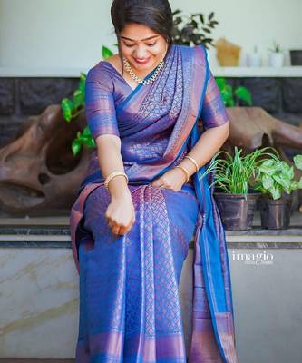 blue silk blend banarasi saree with unstitched blouse piece 4