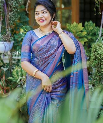 blue silk blend banarasi saree with unstitched blouse piece 5