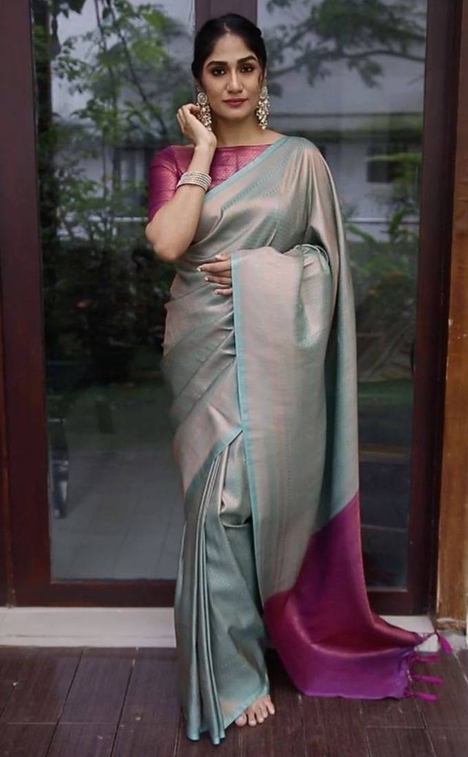 sjy blue pink soft art silk banarasi jacuard work designer party wear saree with unstitched blouse piece