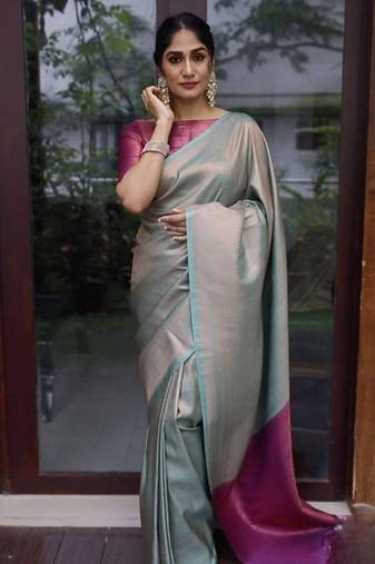 sjy blue pink soft art silk banarasi jacuard work designer party wear saree with unstitched blouse piece