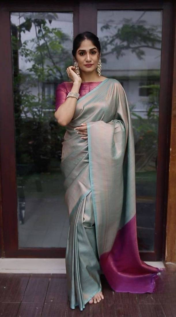 sjy blue pink soft art silk banarasi jacuard work designer party wear saree with unstitched blouse piece