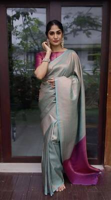 sjy blue pink silk blend banarasi saree with unstitched blouse piece 1