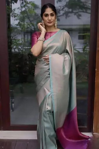 sjy blue pink soft art silk banarasi jacuard work designer party wear saree with unstitched blouse piece