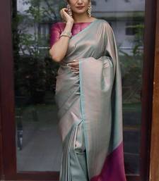 sjy blue pink silk blend banarasi saree with unstitched blouse piece