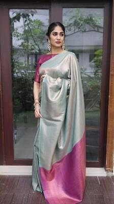 sjy blue pink silk blend banarasi saree with unstitched blouse piece 2