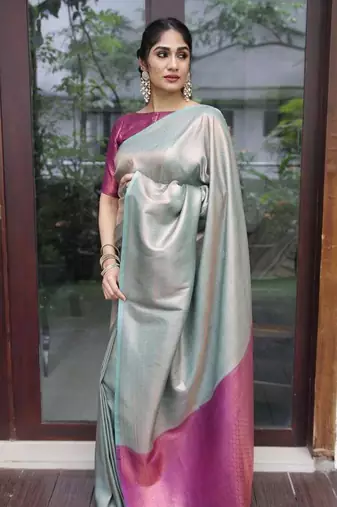 sjy blue pink silk blend banarasi saree with unstitched blouse piece
