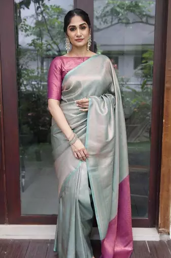 sjy blue pink silk blend banarasi saree with unstitched blouse piece