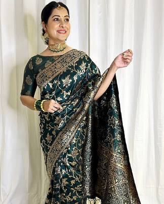green silk blend banarasi saree with unstitched blouse piece 1