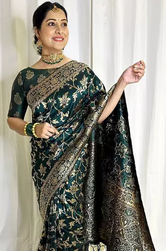 green soft art silk banarasi jacuard work designer party wear saree with unstitched blouse piece