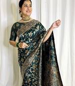 green soft art silk banarasi jacuard work designer party wear saree with unstitched blouse piece