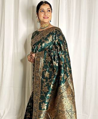 green silk blend banarasi saree with unstitched blouse piece 2