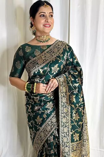 green silk blend banarasi saree with unstitched blouse piece