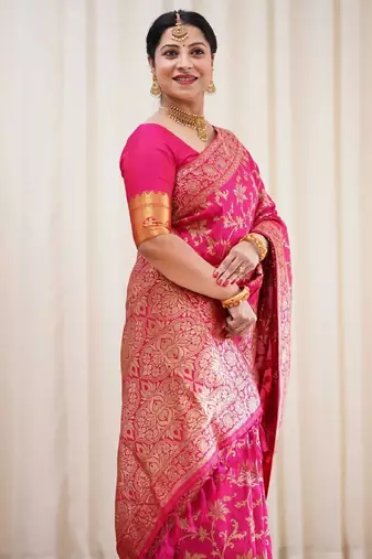 pink silk blend banarasi saree with unstitched blouse piece