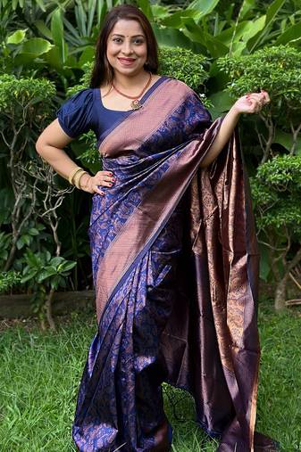 blue soft art silk banarasi jacuard work designer party wear saree with unstitched blouse piece