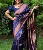 blue soft art silk banarasi jacuard work designer party wear saree with unstitched blouse piece