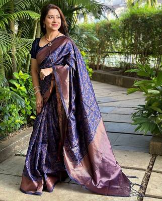 blue silk blend banarasi saree with unstitched blouse piece 2