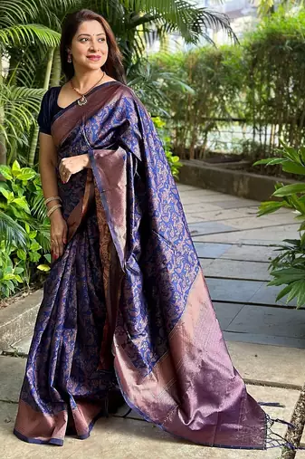 blue silk blend banarasi saree with unstitched blouse piece