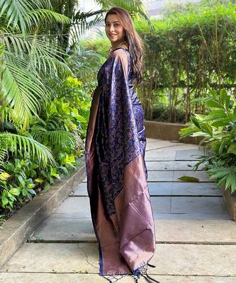 blue silk blend banarasi saree with unstitched blouse piece 3
