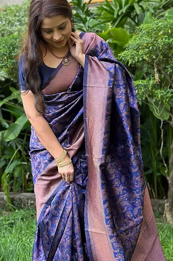 blue silk blend banarasi saree with unstitched blouse piece
