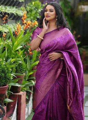 purple silk blend banarasi saree with unstitched blouse piece 1