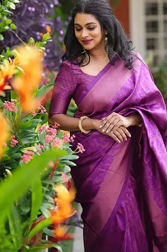 purple silk blend banarasi saree with unstitched blouse piece