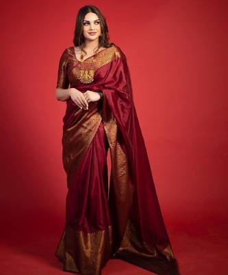 Maroon silk blend banarasi saree with unstitched blouse piece 1