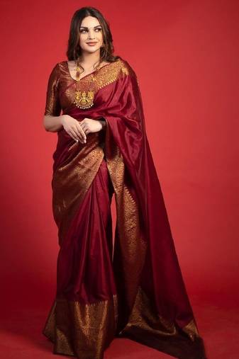 Maroon soft silk blend banarasi jacuard work designer party wear saree with unstitched blouse piece