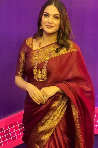 Maroon silk blend banarasi saree with unstitched blouse piece