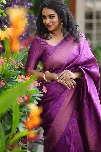 purple silk blend banarasi saree with unstitched blouse piece