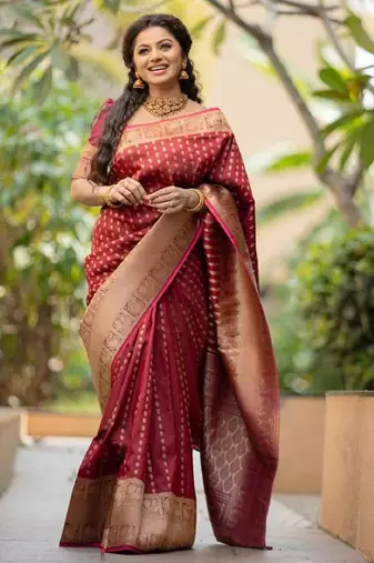 maroon soft art silk banarasi jacuard work designer party wear saree with unstitched blouse piece