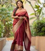 maroon soft art silk banarasi jacuard work designer party wear saree with unstitched blouse piece
