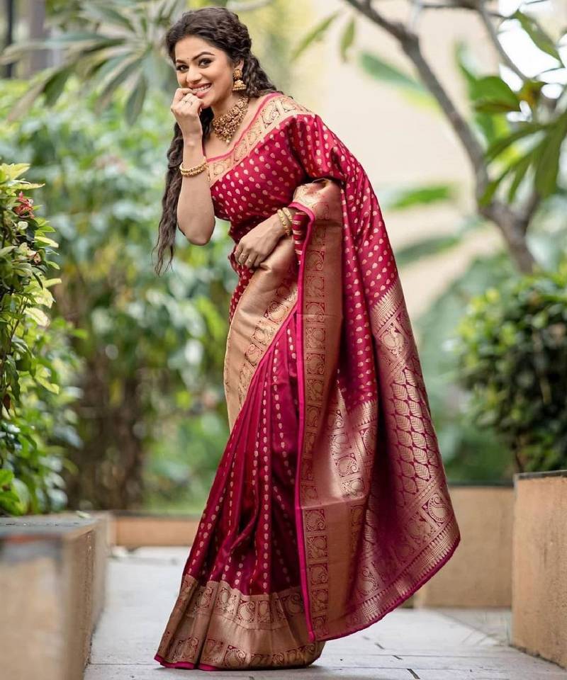 maroon soft art silk banarasi jacuard work designer party wear saree with unstitched blouse piece