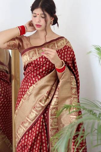 maroon soft art silk banarasi jacuard work designer party wear saree with unstitched blouse piece