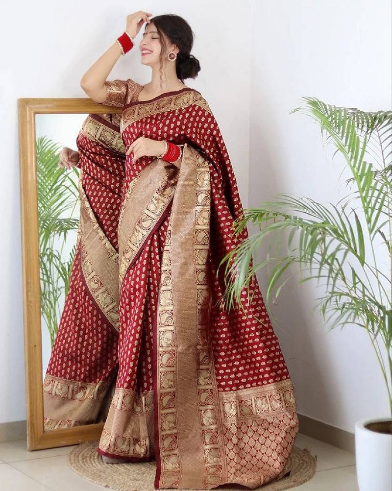 maroon soft art silk banarasi jacuard work designer party wear saree with unstitched blouse piece