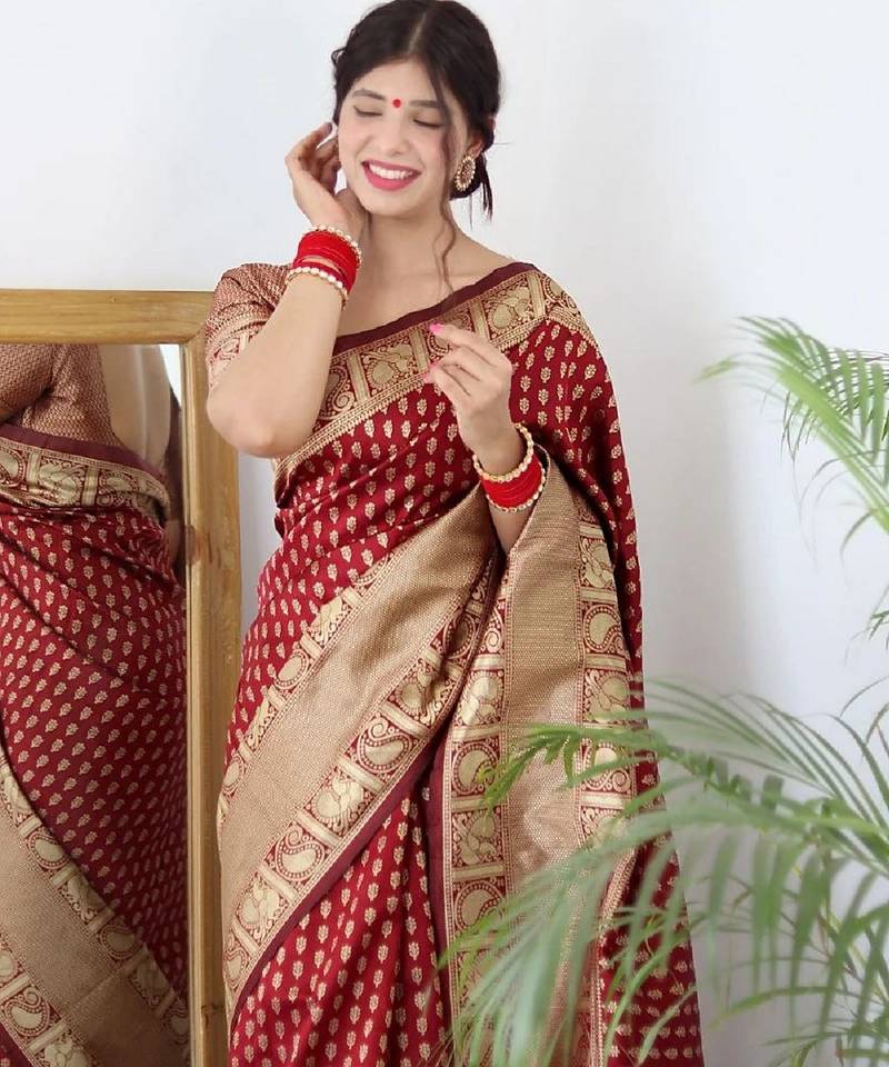 maroon soft art silk banarasi jacuard work designer party wear saree with unstitched blouse piece
