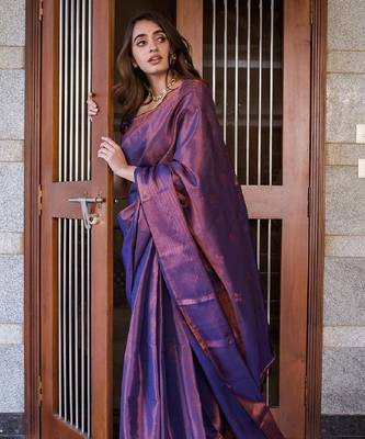 blue silk blend banarasi saree with unstitched blouse piece 1