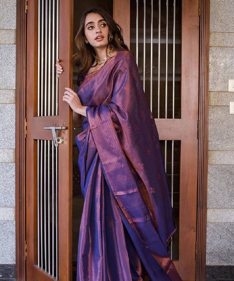 blue soft art silk banarasi jacuard work designer party wear saree with unstitched blouse piece