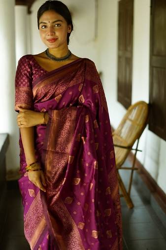 wine soft art silk banarasi jacuard work designer party wear saree with unstitched blouse piece