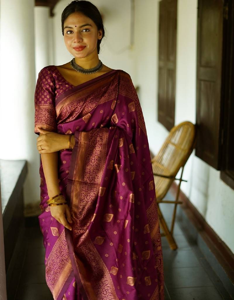 wine soft art silk banarasi jacuard work designer party wear saree with unstitched blouse piece