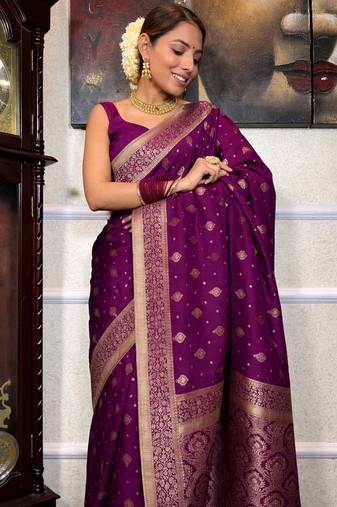 wine soft art silk banarasi jacuard work designer party wear saree with unstitched blouse piece