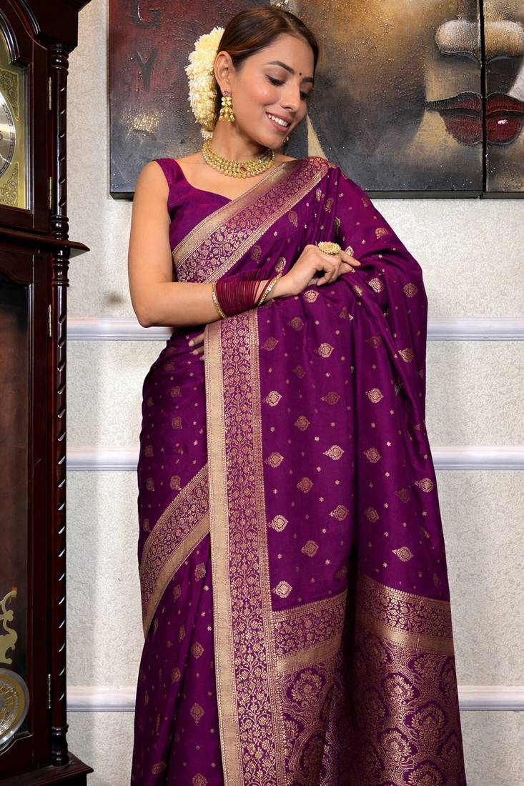 wine soft art silk banarasi jacuard work designer party wear saree with unstitched blouse piece