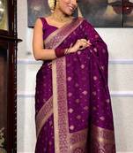 wine soft art silk banarasi jacuard work designer party wear saree with unstitched blouse piece