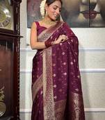 wine soft art silk banarasi jacuard work designer party wear saree with unstitched blouse piece