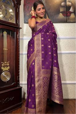 wine soft art silk banarasi jacuard work designer party wear saree with unstitched blouse piece 2