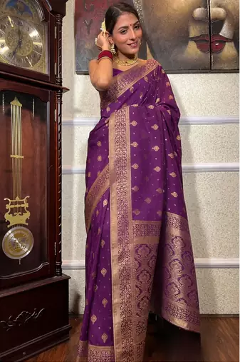 wine silk blend banarasi saree with unstitched blouse piece