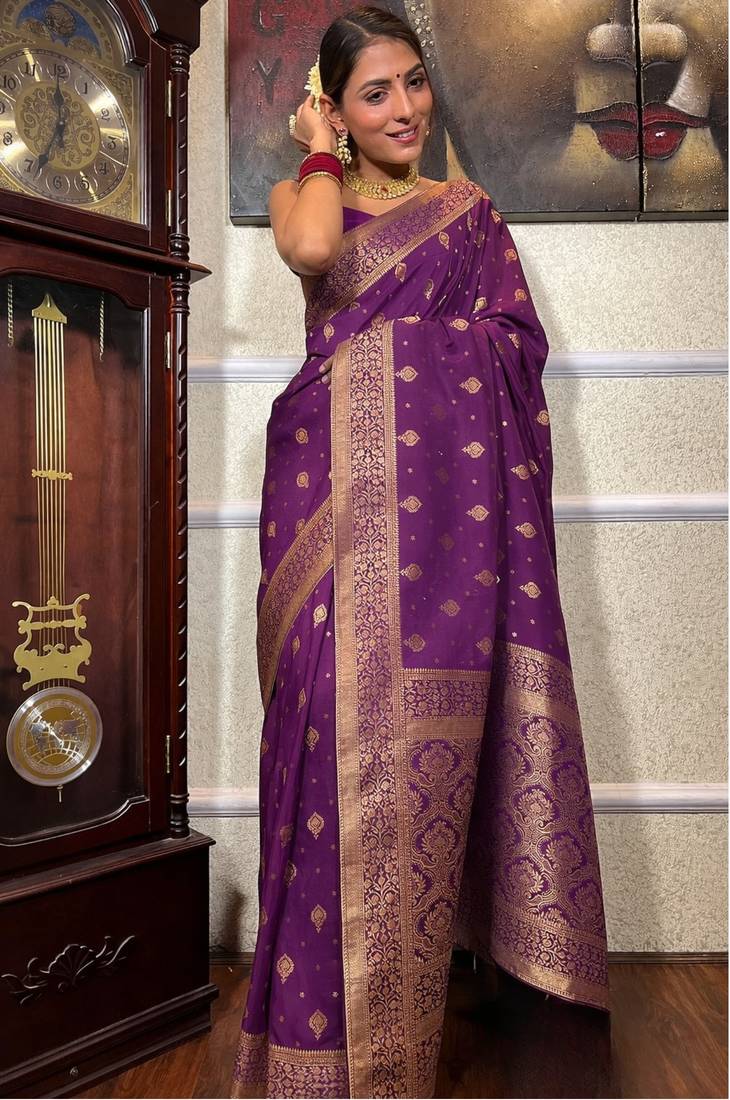wine soft art silk banarasi jacuard work designer party wear saree with unstitched blouse piece