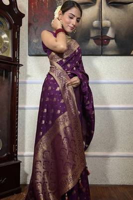 wine soft art silk banarasi jacuard work designer party wear saree with unstitched blouse piece 3