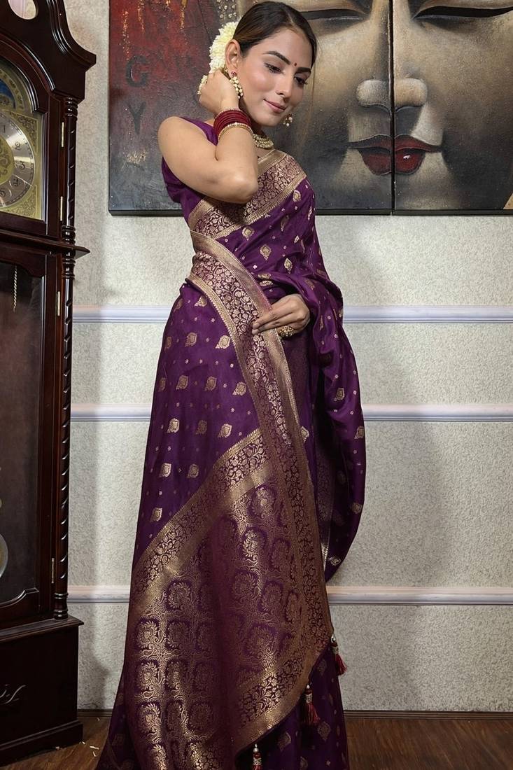 wine soft art silk banarasi jacuard work designer party wear saree with unstitched blouse piece