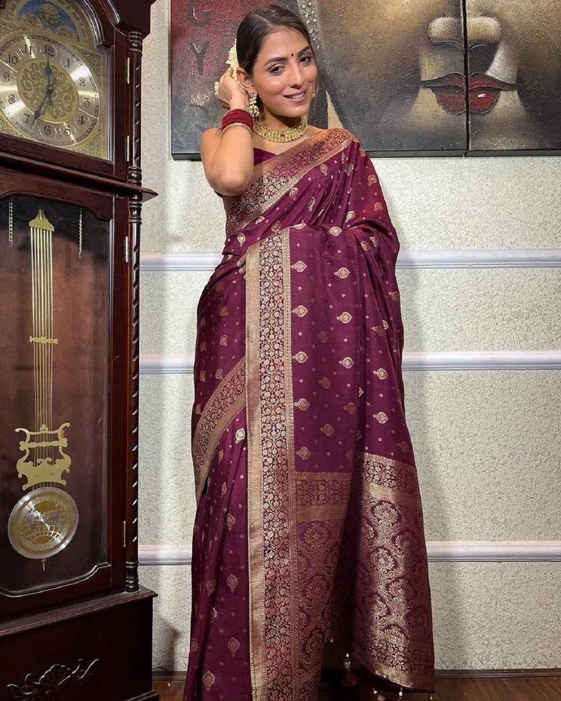 wine soft art silk banarasi jacuard work designer party wear saree with unstitched blouse piece